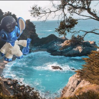 A metallic blue, Stitch-like alien figure in a white lab coat holds a flask, superimposed over a rocky California coastline.